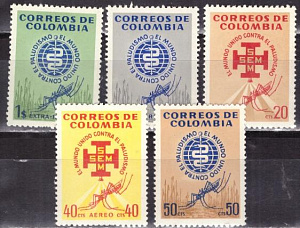 Колумбия, 1962, Борьба с малярией, Комары, 5 марок Колумбия, 1962, Борьба с малярией, Комары, 5 марок